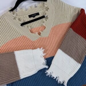 LEANI‎ Womens Oversized Colorblock Distressed Fringe Hem Knit Sweater Boho Large